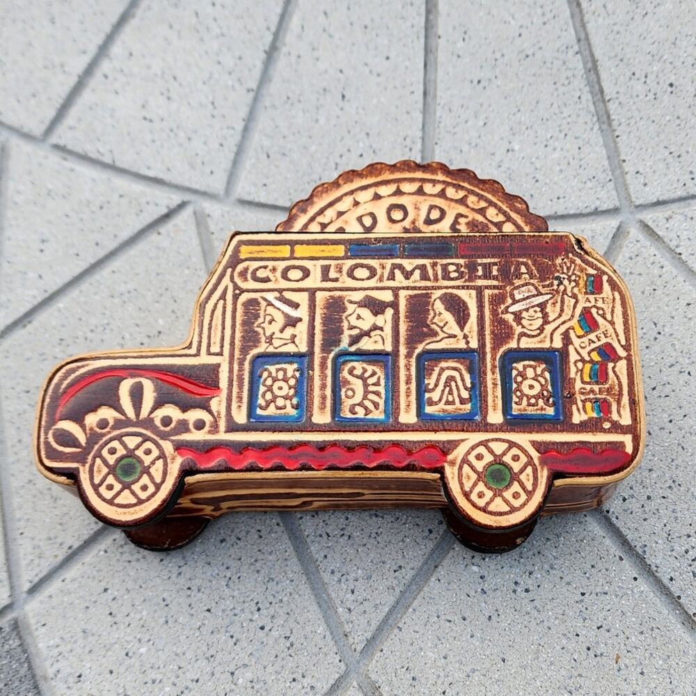Colombia Folk Art Handcrafted Leather Bus Scalloped Coaster Holder Souvenir